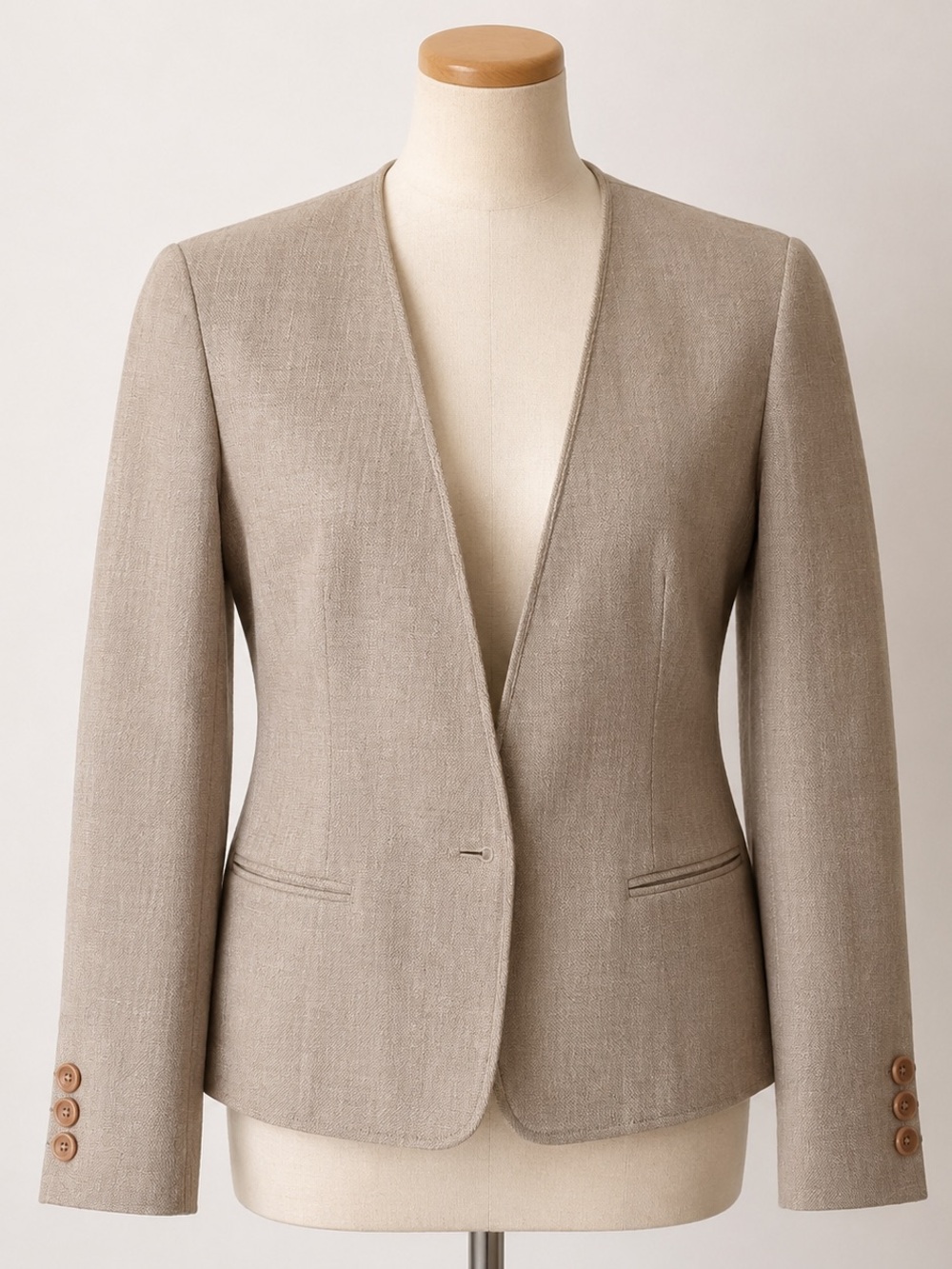 Vintage Ferncroft Linen Blend Collarless Blazer Jacket Size 7/8 Taupe Union Made